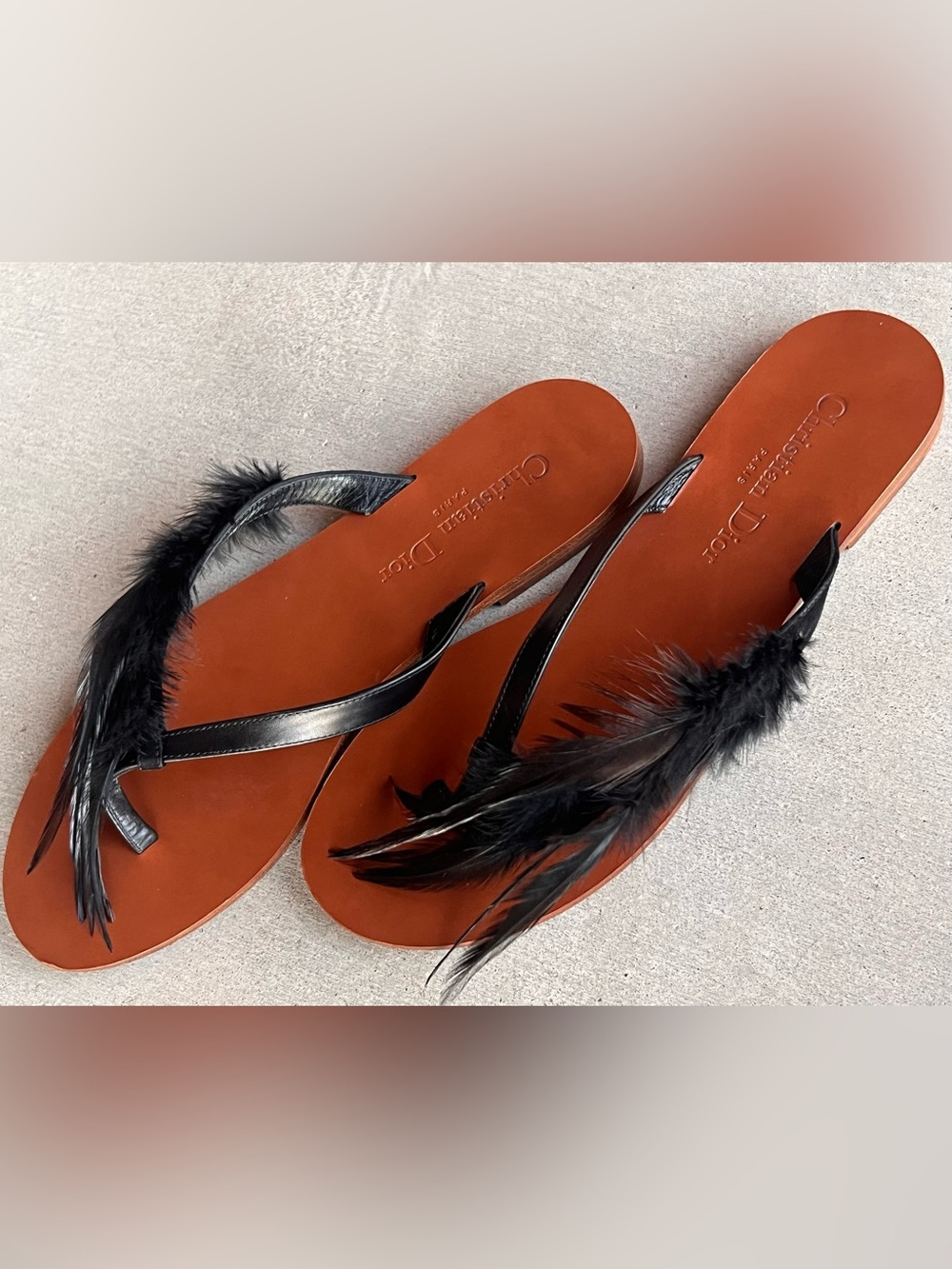 Christian Dior Ethnie Black Feather Leather Thong Flat Slide Sandals Italy 37